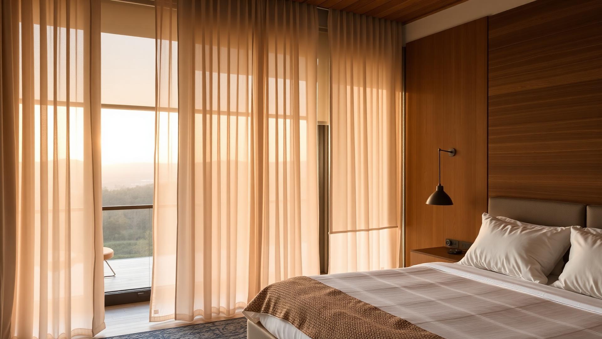 Automated sheer curtains in a Glasgow bedroom at sunrise