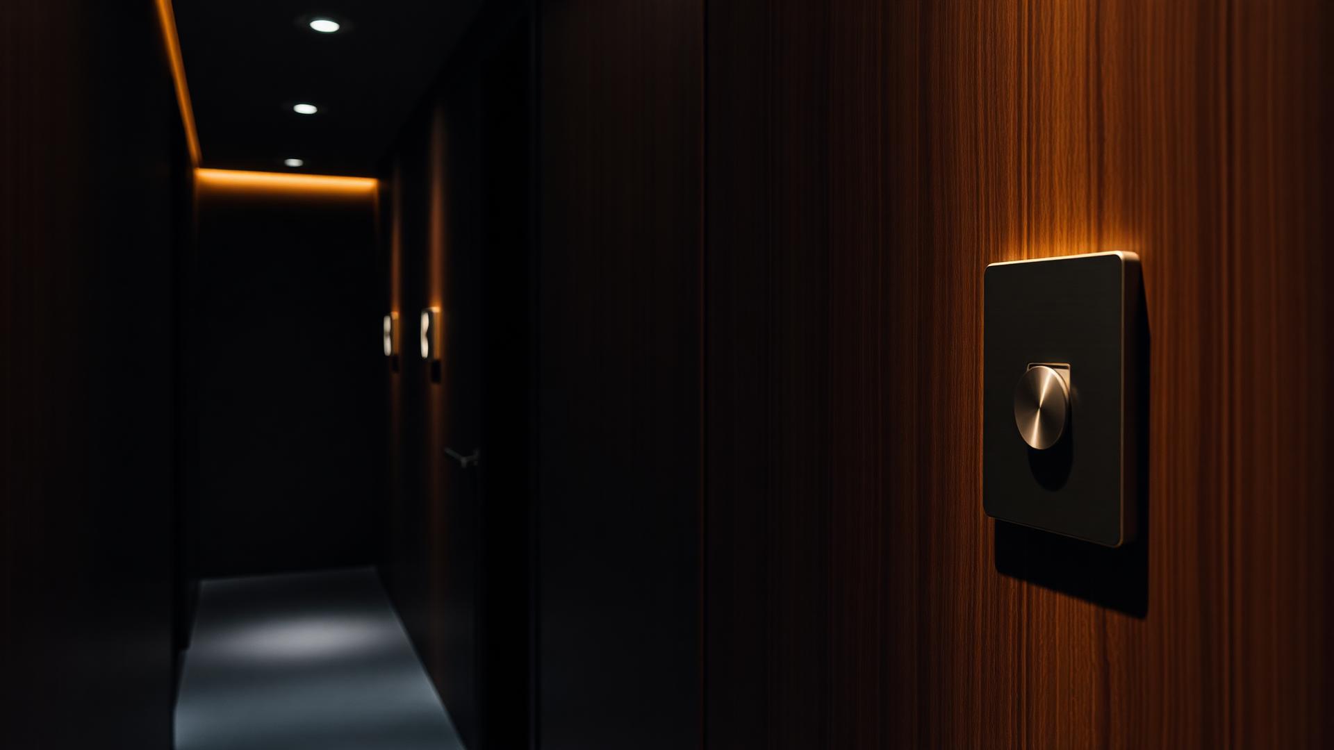 Control4 wall panel and smart lighting keypad in a dark hallway