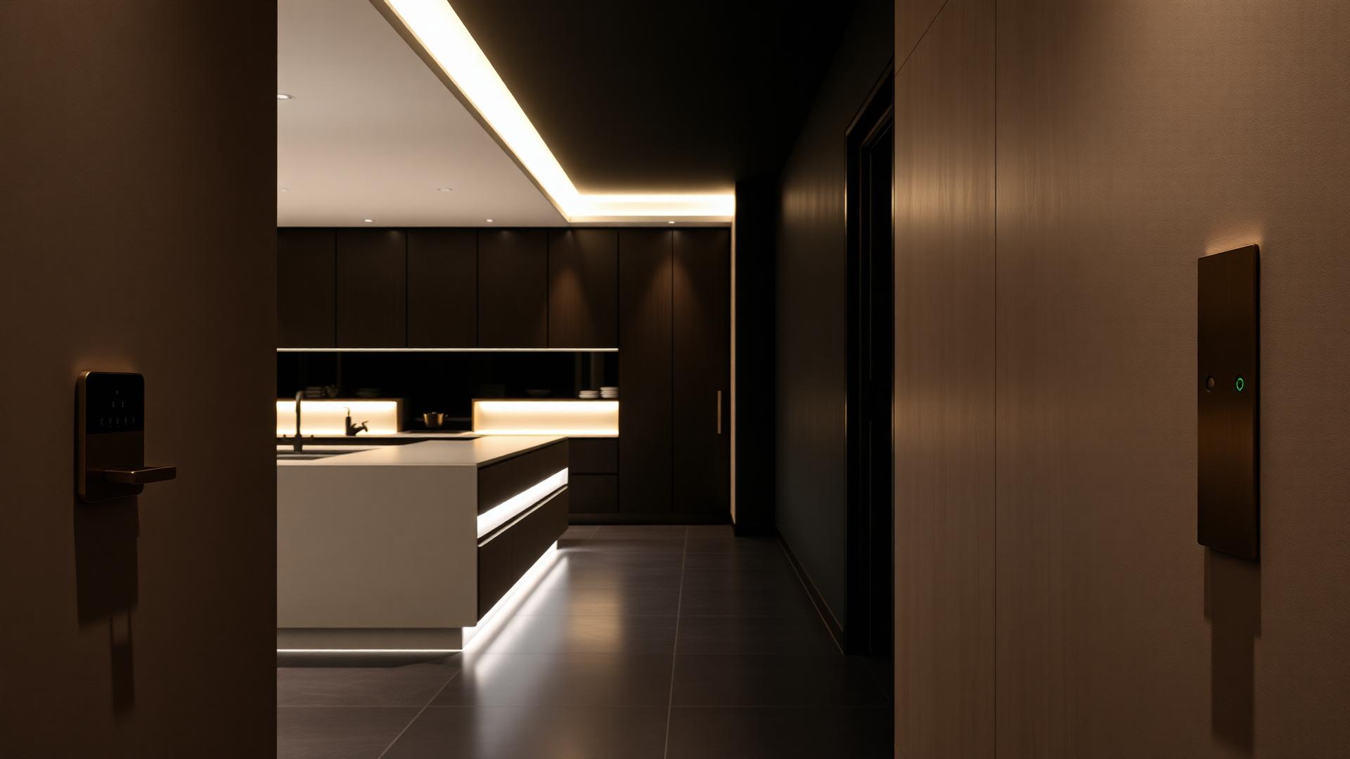Architectural LED lighting and a brushed bronze keypad in a modern Glasgow kitchen